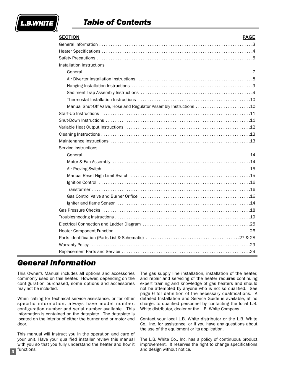 Table of contents general information | L.B. White AD100 User Manual | Page 4 / 30