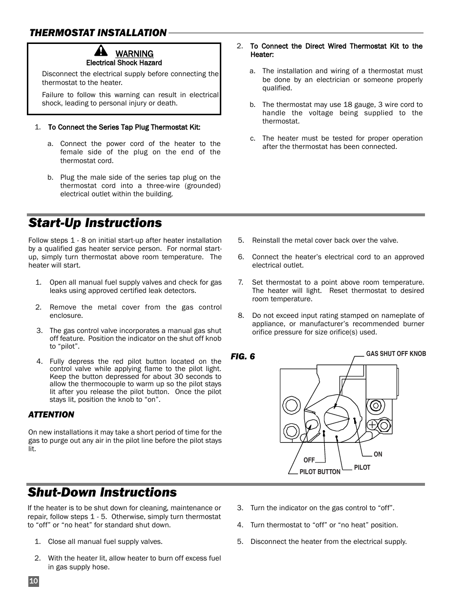 Start-up instructions, Shut-down instructions, Start-up instructions shut-down instructions | Thermostat installation | L.B. White 60 Classic User Manual | Page 10 / 16