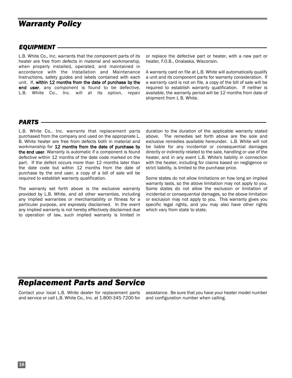 Warranty policy, Parts and service, Warranty policy replacement parts and service | Equipment parts | L.B. White 60 Classic User Manual | Page 16 / 16