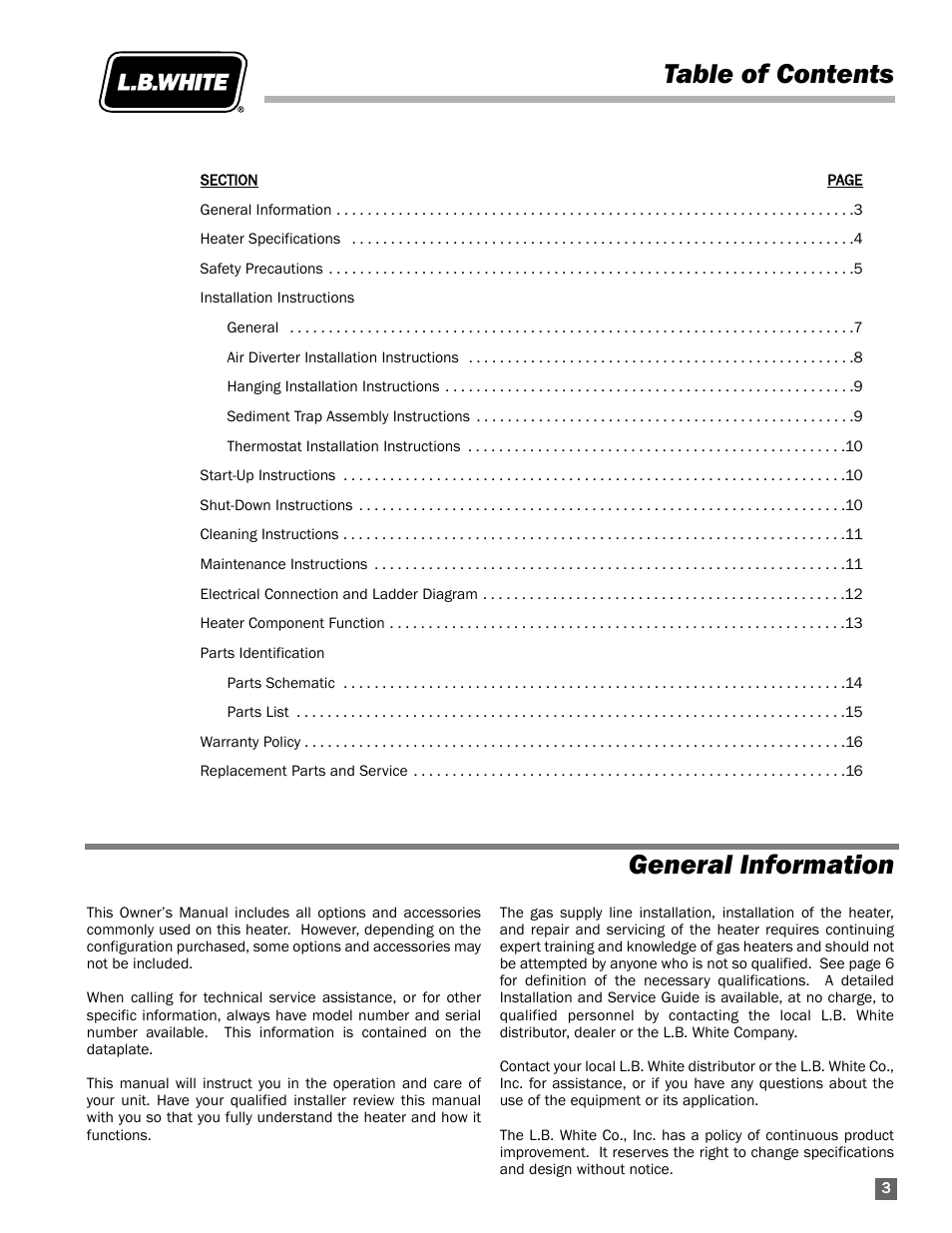 General information, Table of contents general information | L.B. White 60 Classic User Manual | Page 3 / 16