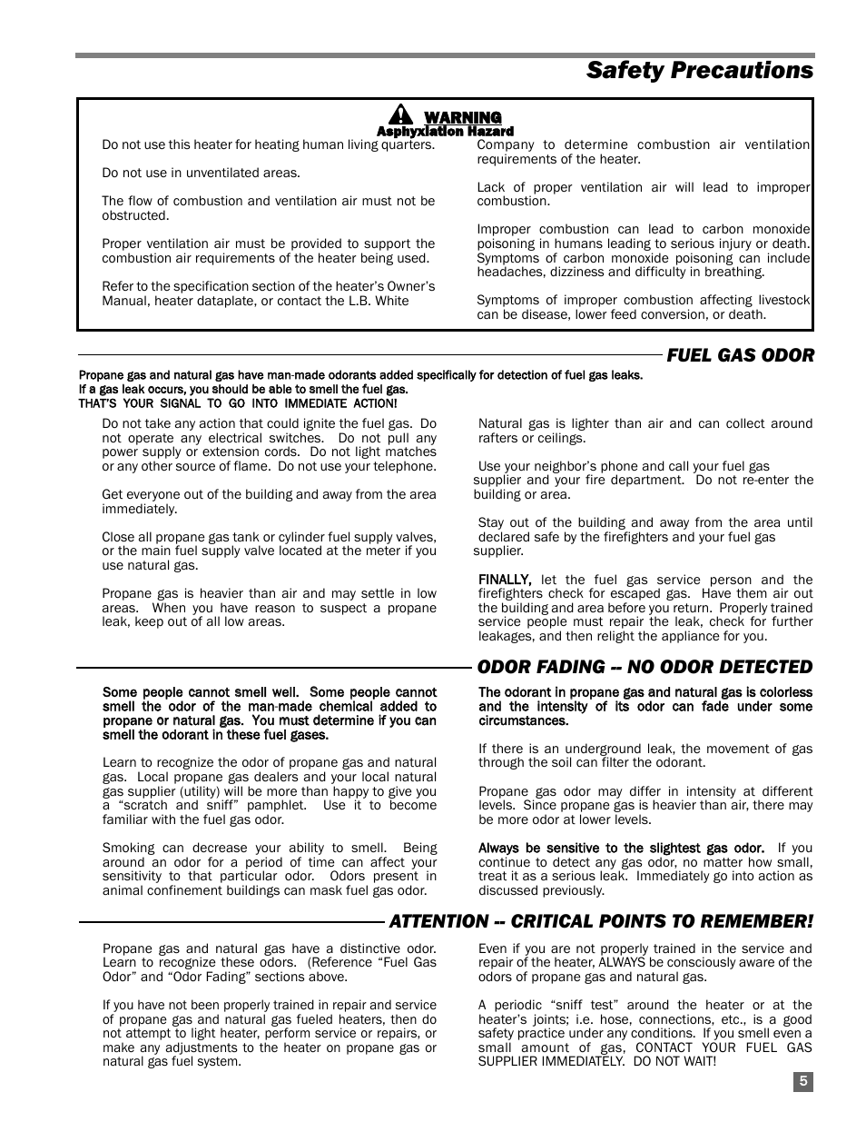 Safety precautions, Attention -- critical points to remember, Fuel gas odor odor fading -- no odor detected | L.B. White 60 Classic User Manual | Page 5 / 16