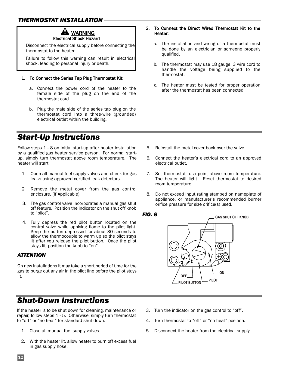 Start-up instructions, Shut-down instructions, Start-up instructions shut-down instructions | Thermostat installation | L.B. White 115 Classic User Manual | Page 10 / 16