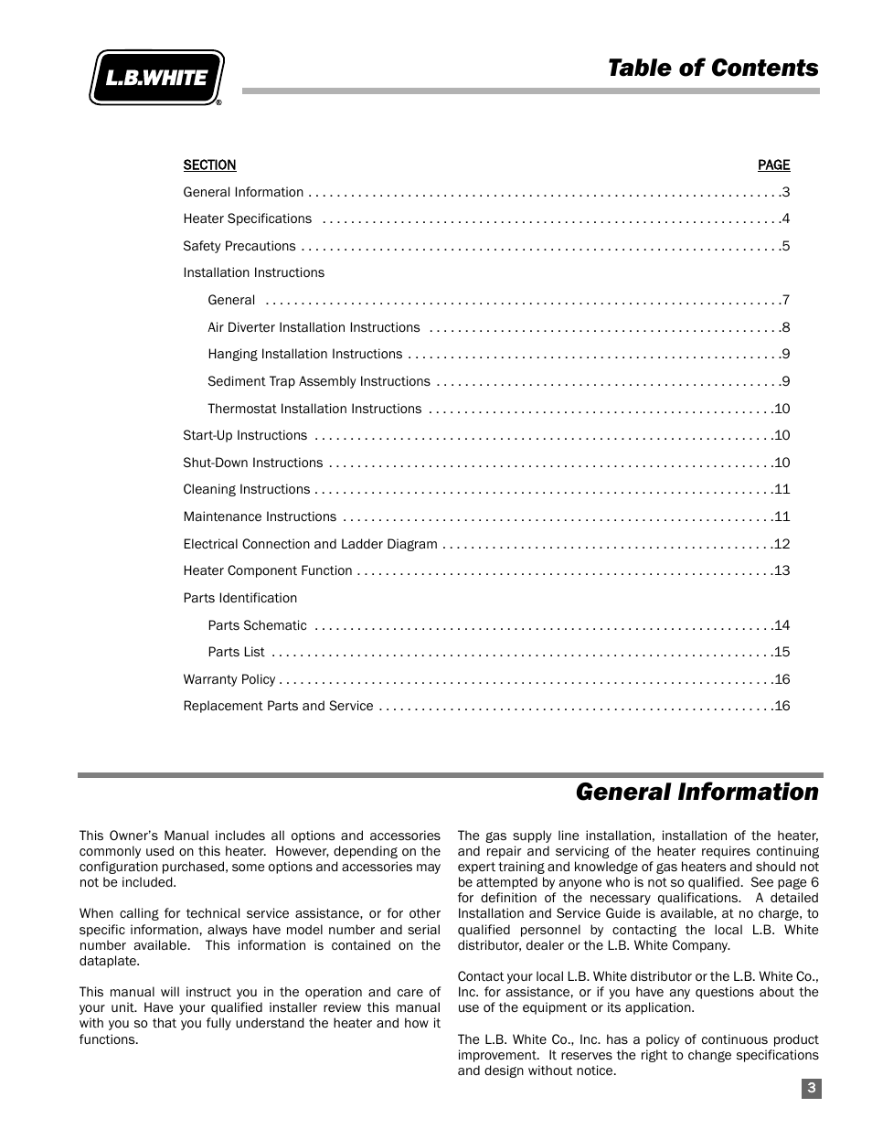 General information, Table of contents general information | L.B. White 115 Classic User Manual | Page 3 / 16