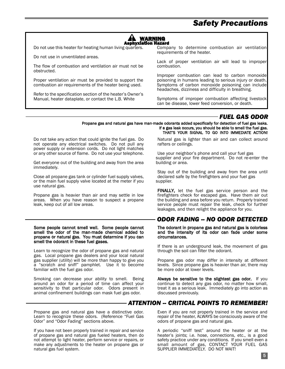 Safety precautions, Attention -- critical points to remember, Fuel gas odor odor fading -- no odor detected | L.B. White 115 Classic User Manual | Page 5 / 16