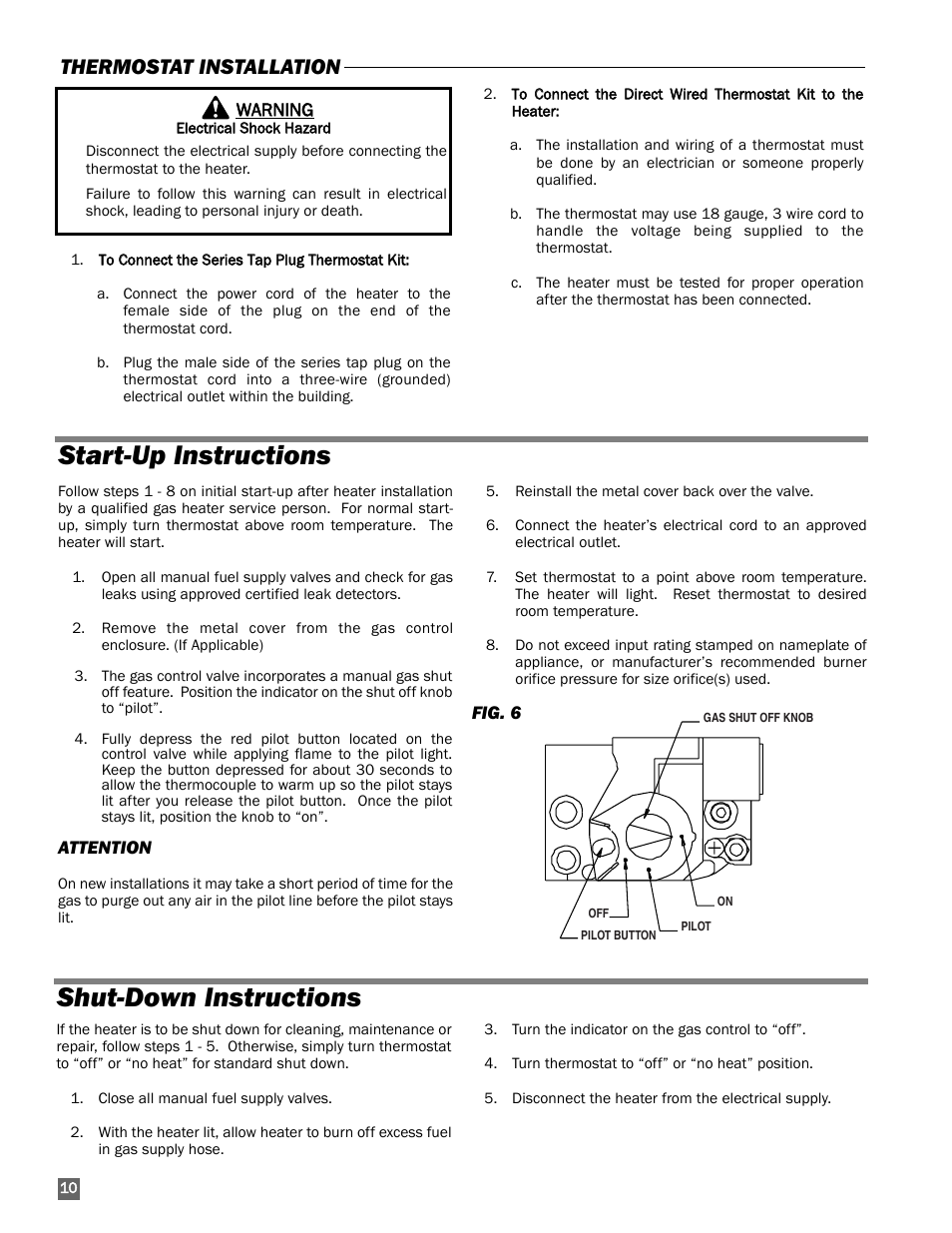 Start-up instructions, Shut-down instructions, Start-up instructions shut-down instructions | Thermostat installation | L.B. White 170 Classic User Manual | Page 10 / 16