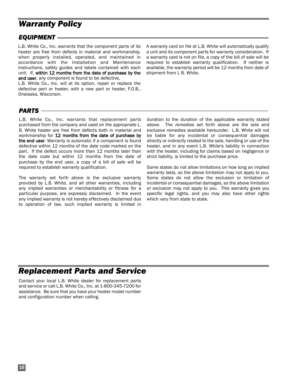 Warranty policy, Parts and service, Warranty policy replacement parts and service | Equipment parts | L.B. White 170 Classic User Manual | Page 16 / 16