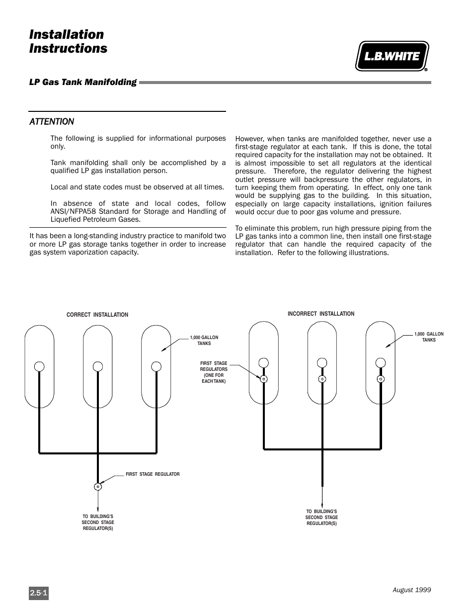 Installation instructions, Lp gas tank manifolding, Attention | L.B. White Pilot User Manual | Page 18 / 94