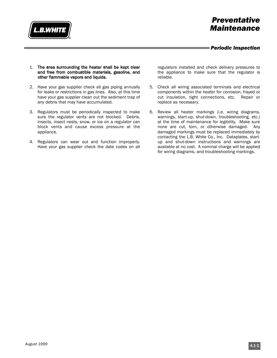 Preventative maintenance | L.B. White Pilot User Manual | Page 33 / 94