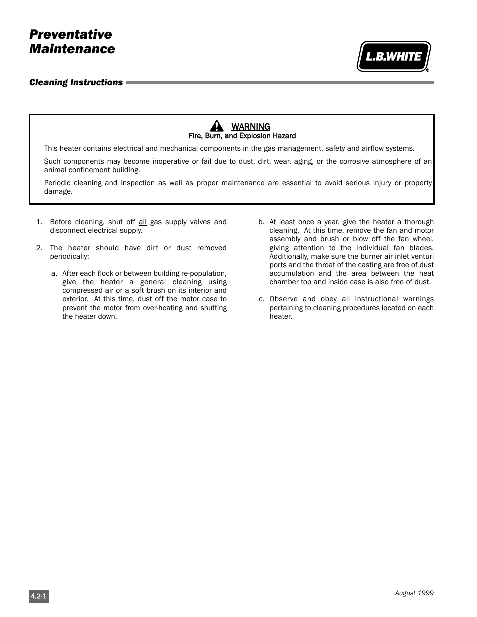 Preventative maintenance | L.B. White Pilot User Manual | Page 34 / 94