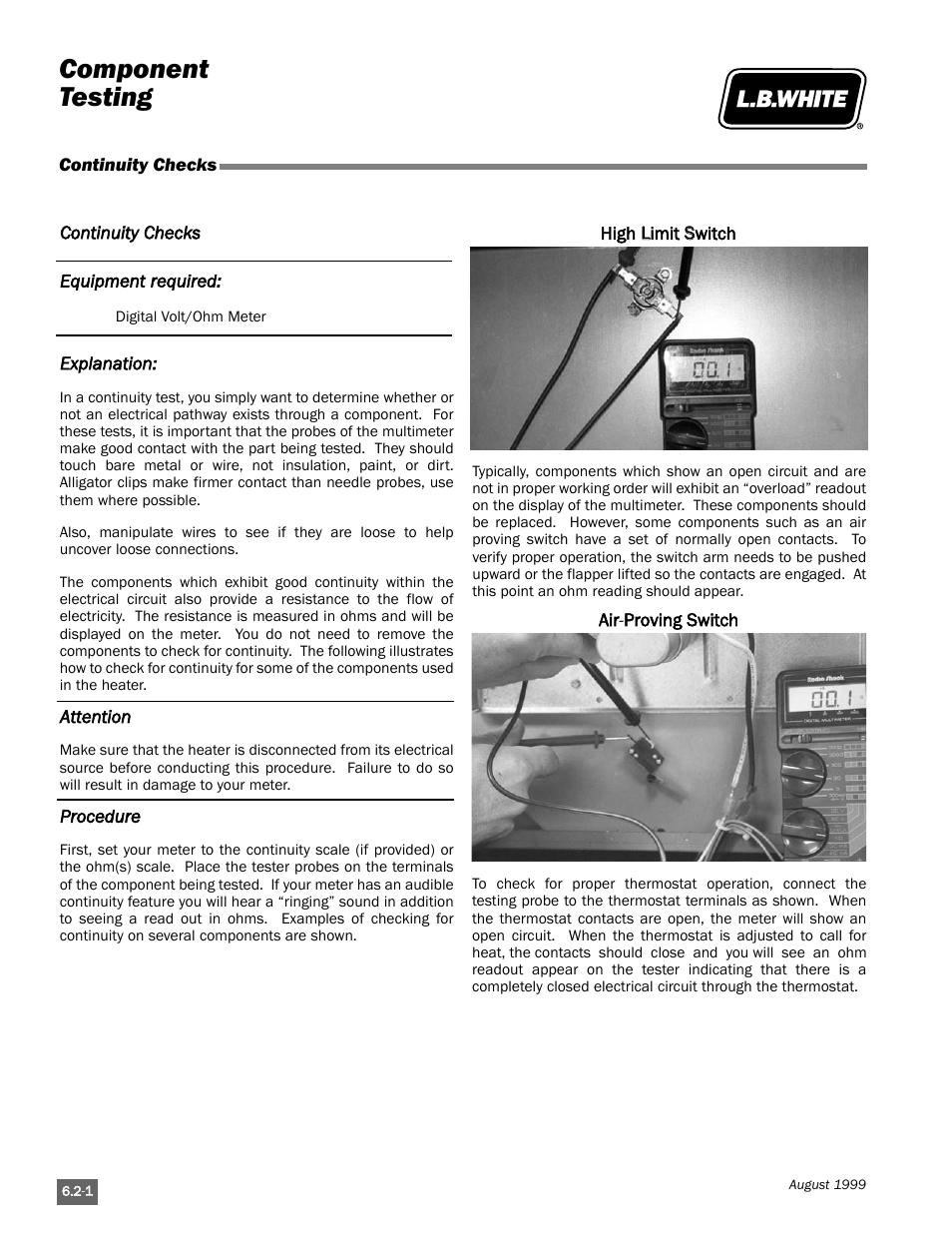 Component testing | L.B. White Pilot User Manual | Page 48 / 94