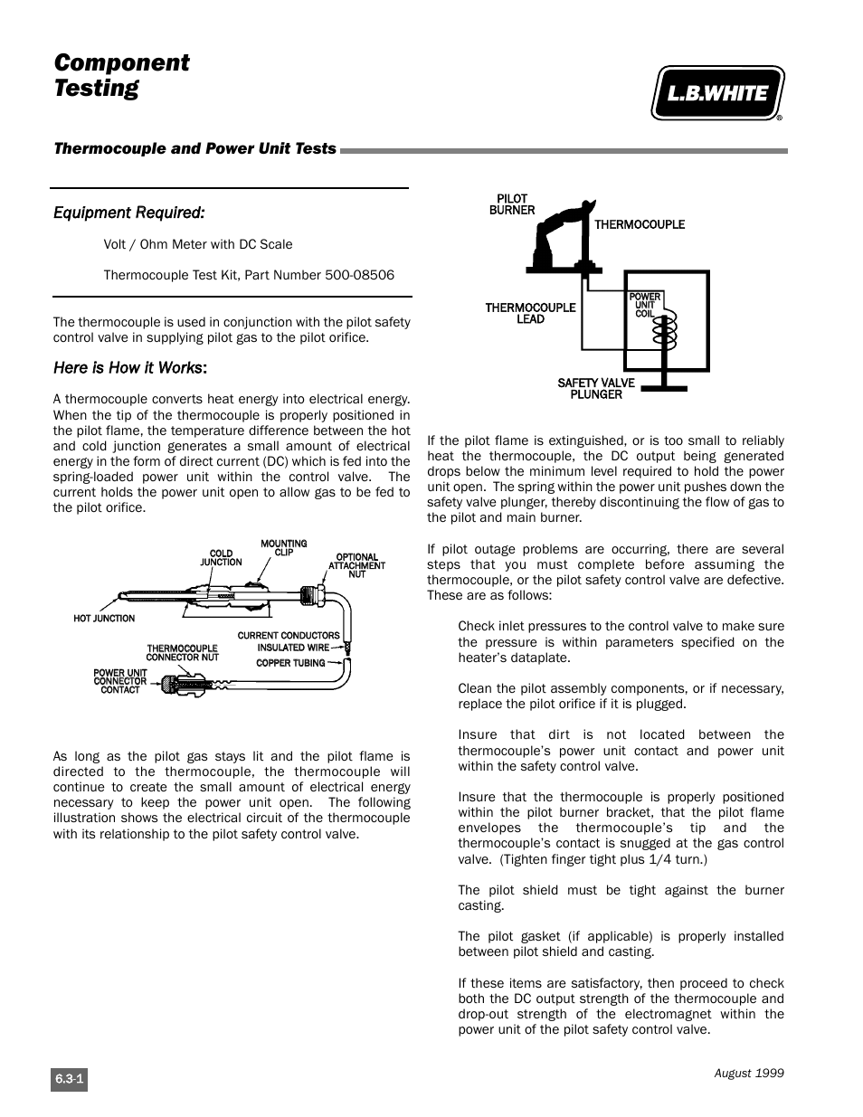 Component testing, Thermocouple and power unit tests, Equipment r required | Here iis h how iit w works | L.B. White Pilot User Manual | Page 50 / 94