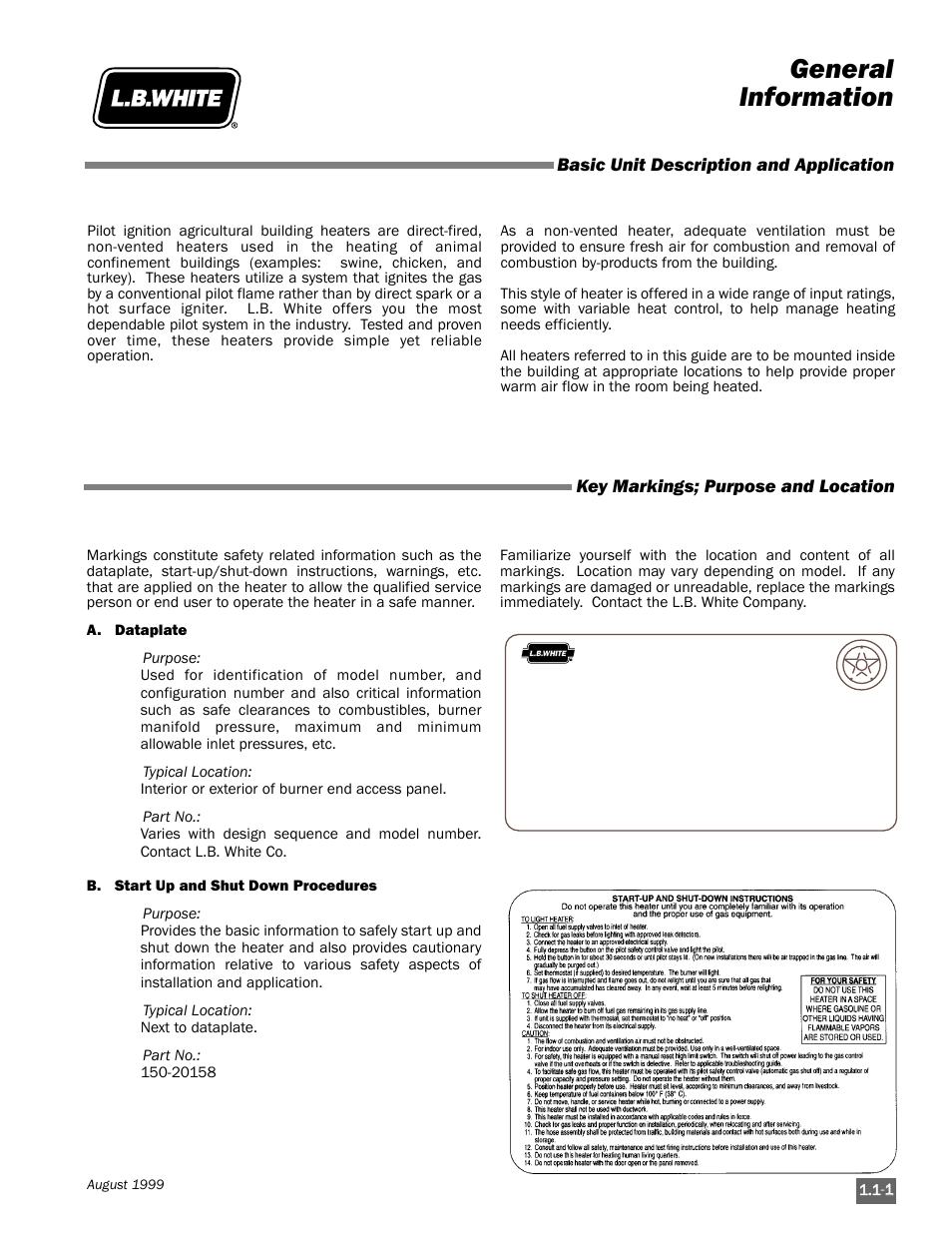 General information, Basic unit description and application, Key markings; purpose and location | L.B. White Pilot User Manual | Page 7 / 94