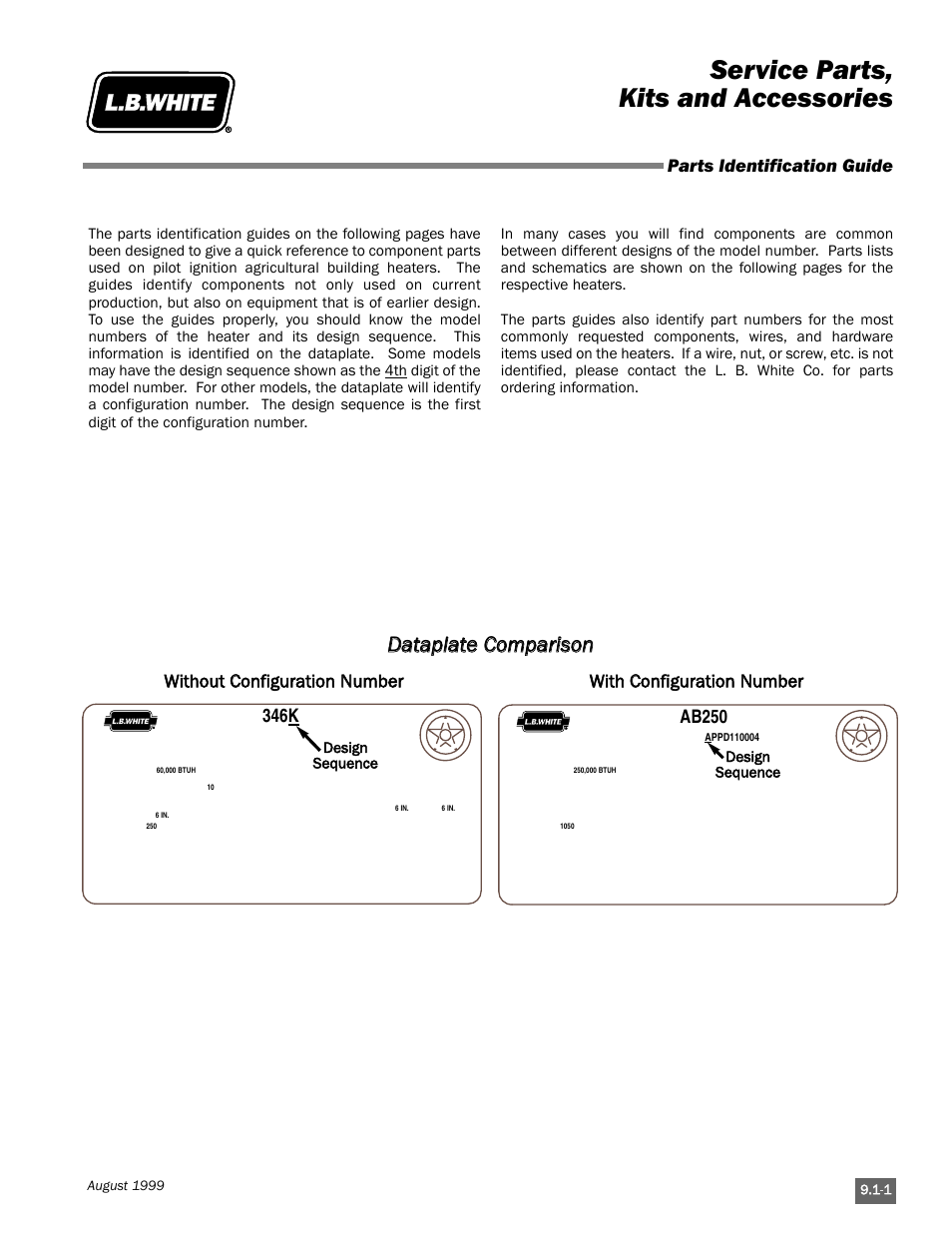 Service parts, kits and accessories, Ddaattaappllaattee c coom mppaarriissoonn, Parts identification guide | Without c configuration n number, With c configuration n number, Model aw075ehp3, Model aw060 | L.B. White Pilot User Manual | Page 77 / 94