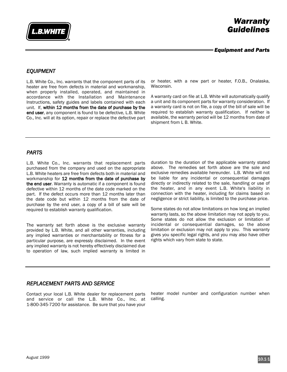 Warranty guidelines | L.B. White Pilot User Manual | Page 93 / 94