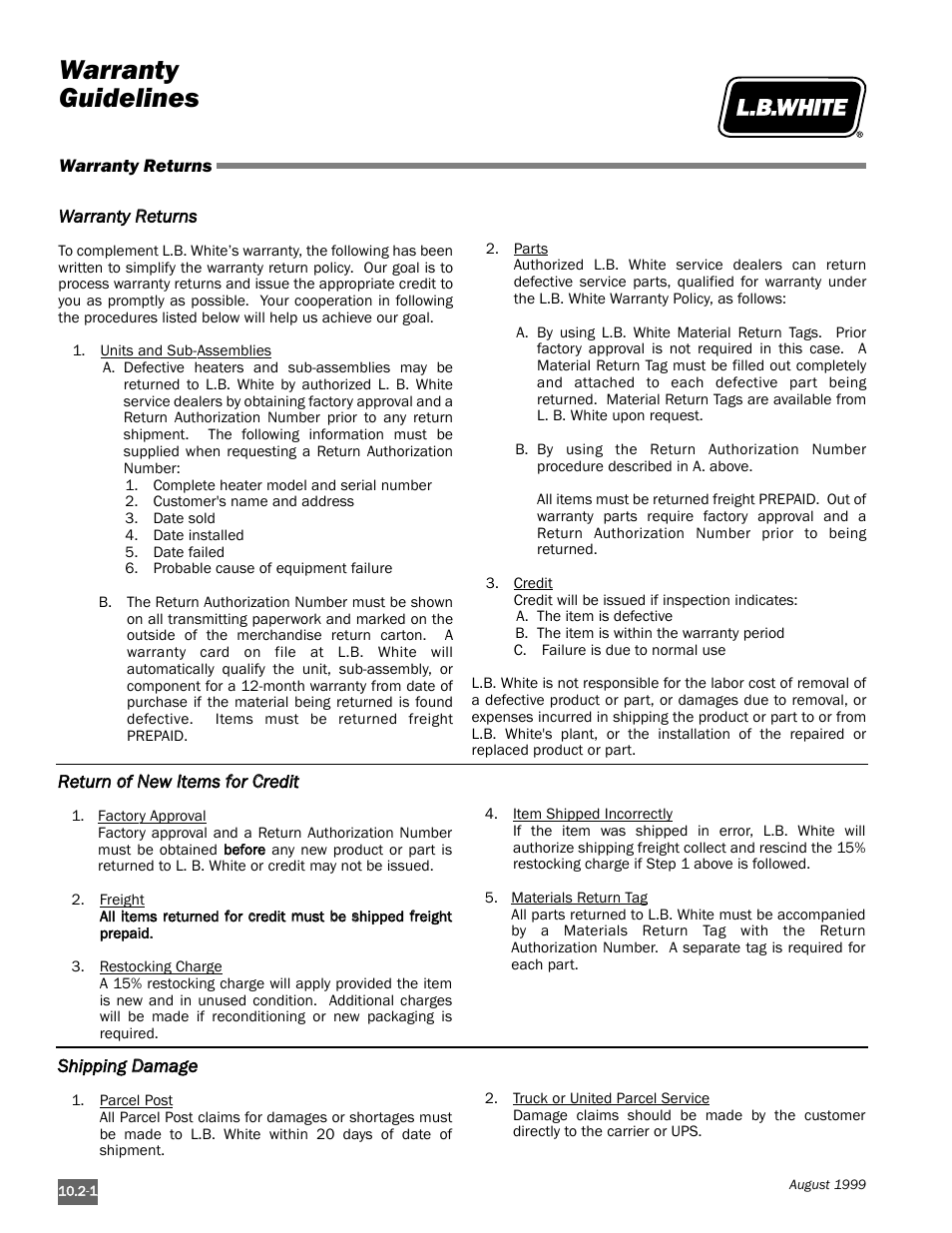 Warranty guidelines | L.B. White Pilot User Manual | Page 94 / 94