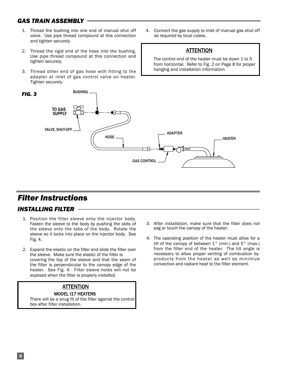 Filter instructions, Gas train assembly, Installing filter | L.B. White I-17 Infraconic Spark Ignition User Manual | Page 10 / 28