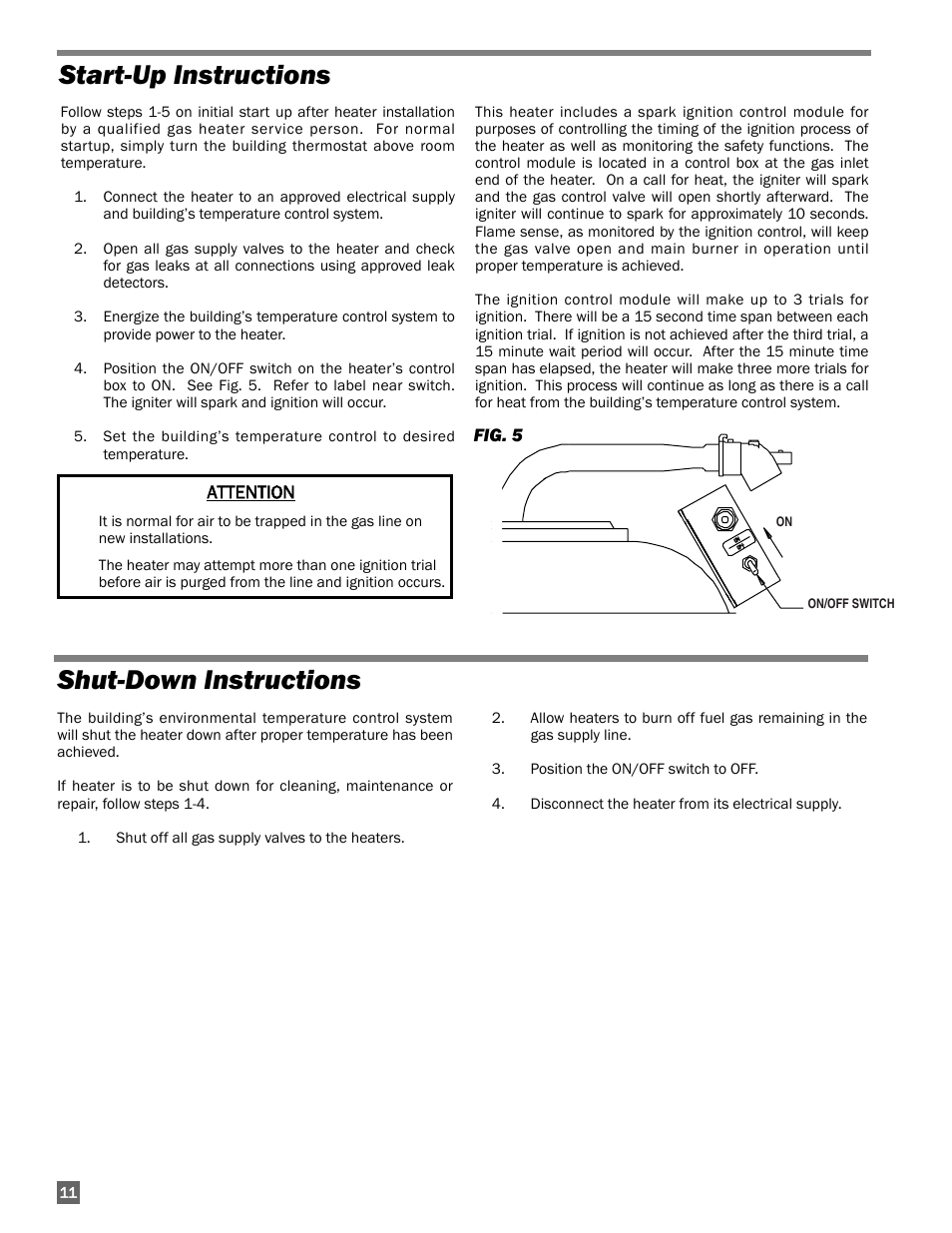 Shut-down instructions, Start-up instructions | L.B. White I-17 Infraconic Spark Ignition User Manual | Page 12 / 28