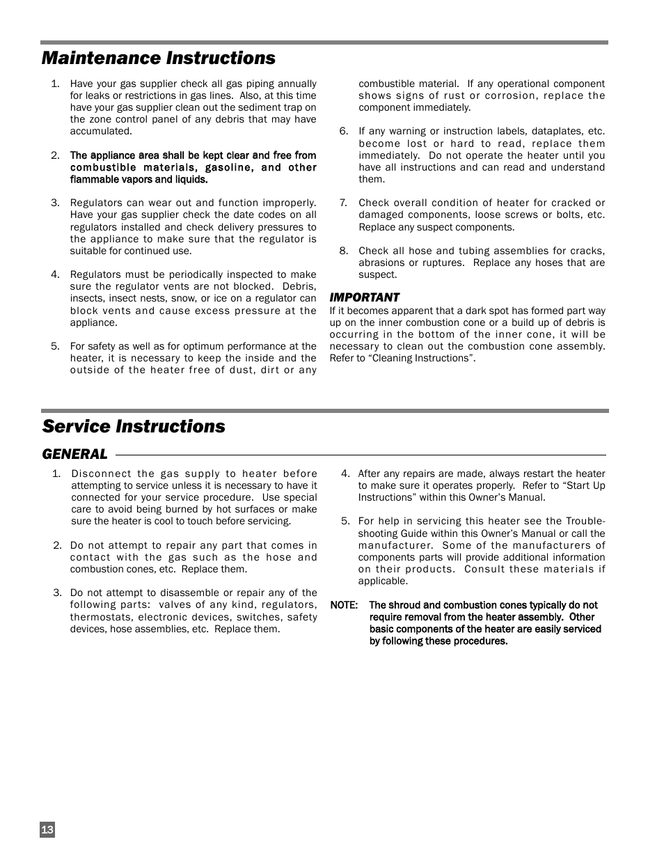 Service instructions, Maintenance instructions, General | L.B. White I-17 Infraconic Spark Ignition User Manual | Page 14 / 28