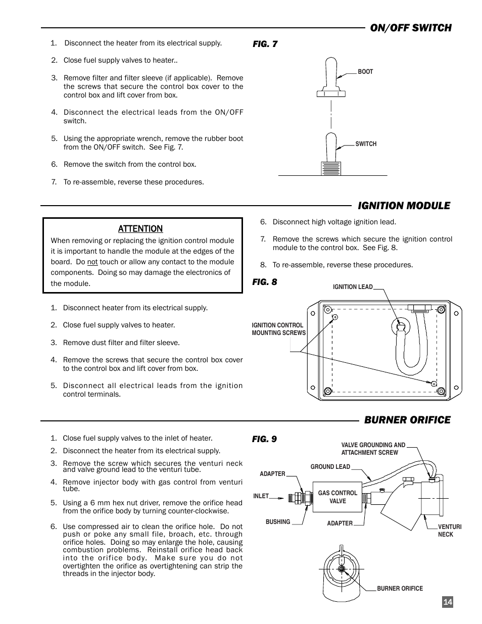 Burner orifice, On/off switch, Ignition module | L.B. White I-17 Infraconic Spark Ignition User Manual | Page 15 / 28