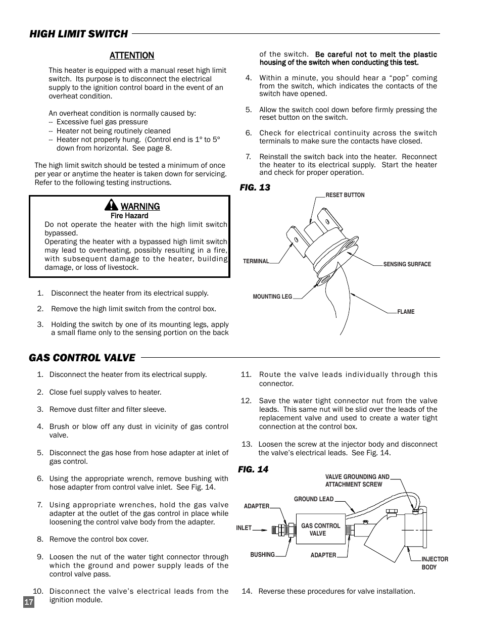 Gas control valve, High limit switch | L.B. White I-17 Infraconic Spark Ignition User Manual | Page 18 / 28