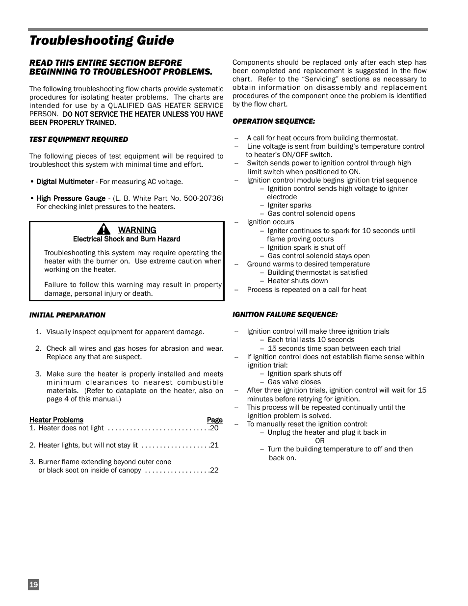 Troubleshooting guide | L.B. White I-17 Infraconic Spark Ignition User Manual | Page 20 / 28