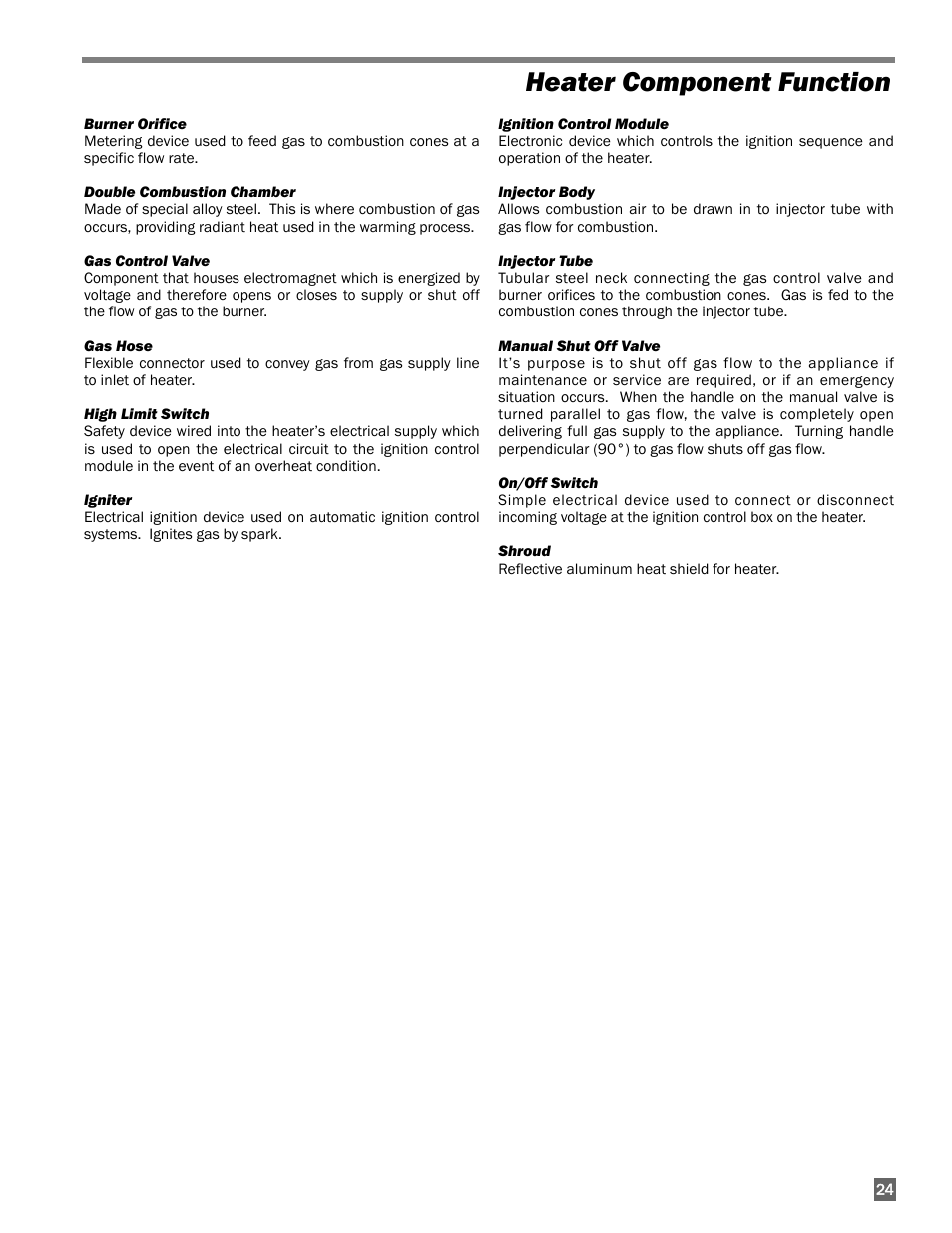 Heater component function | L.B. White I-17 Infraconic Spark Ignition User Manual | Page 25 / 28