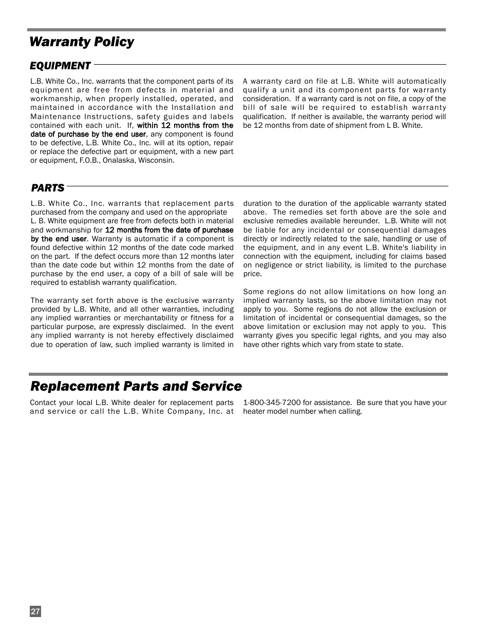 Warranty policy replacement parts and service, Equipment parts | L.B. White I-17 Infraconic Spark Ignition User Manual | Page 28 / 28