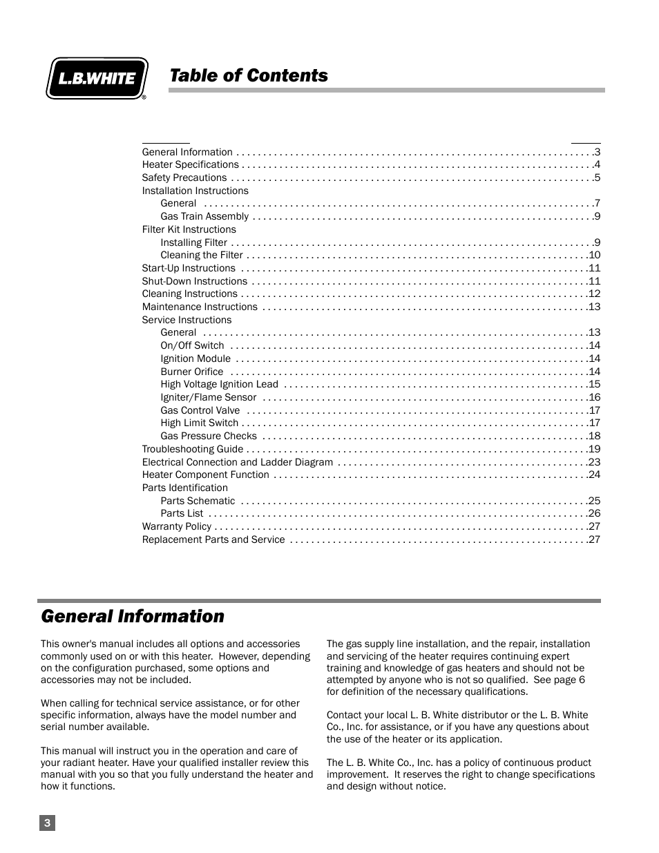 Table of contents general information | L.B. White I-17 Infraconic Spark Ignition User Manual | Page 4 / 28