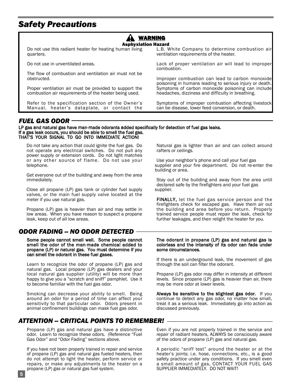 Safety precautions | L.B. White I-17 Infraconic Spark Ignition User Manual | Page 6 / 28