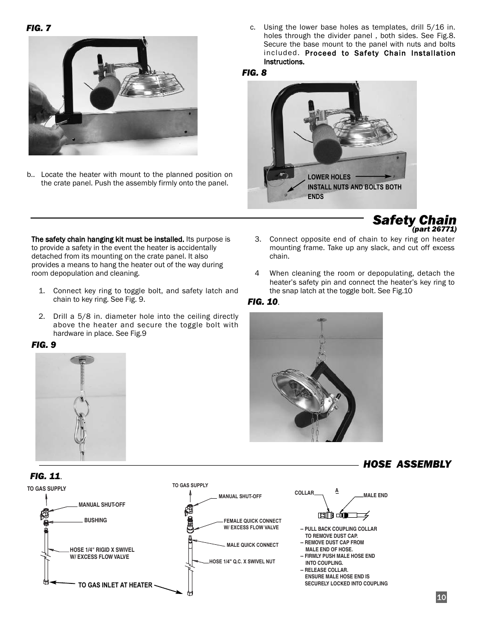 Safety chain, Hose assembly, Fig. 9 | Fig. 10, Fig. 7, Fig. 8, Fig. 11 | L.B. White I-3 Infraconic User Manual | Page 11 / 26