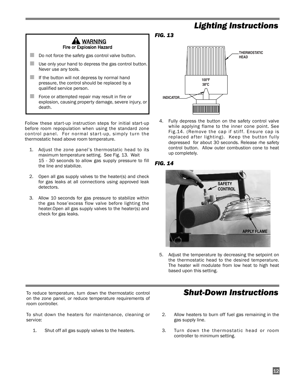 Lighting instructions, Shut-down instructions | L.B. White I-3 Infraconic User Manual | Page 13 / 26