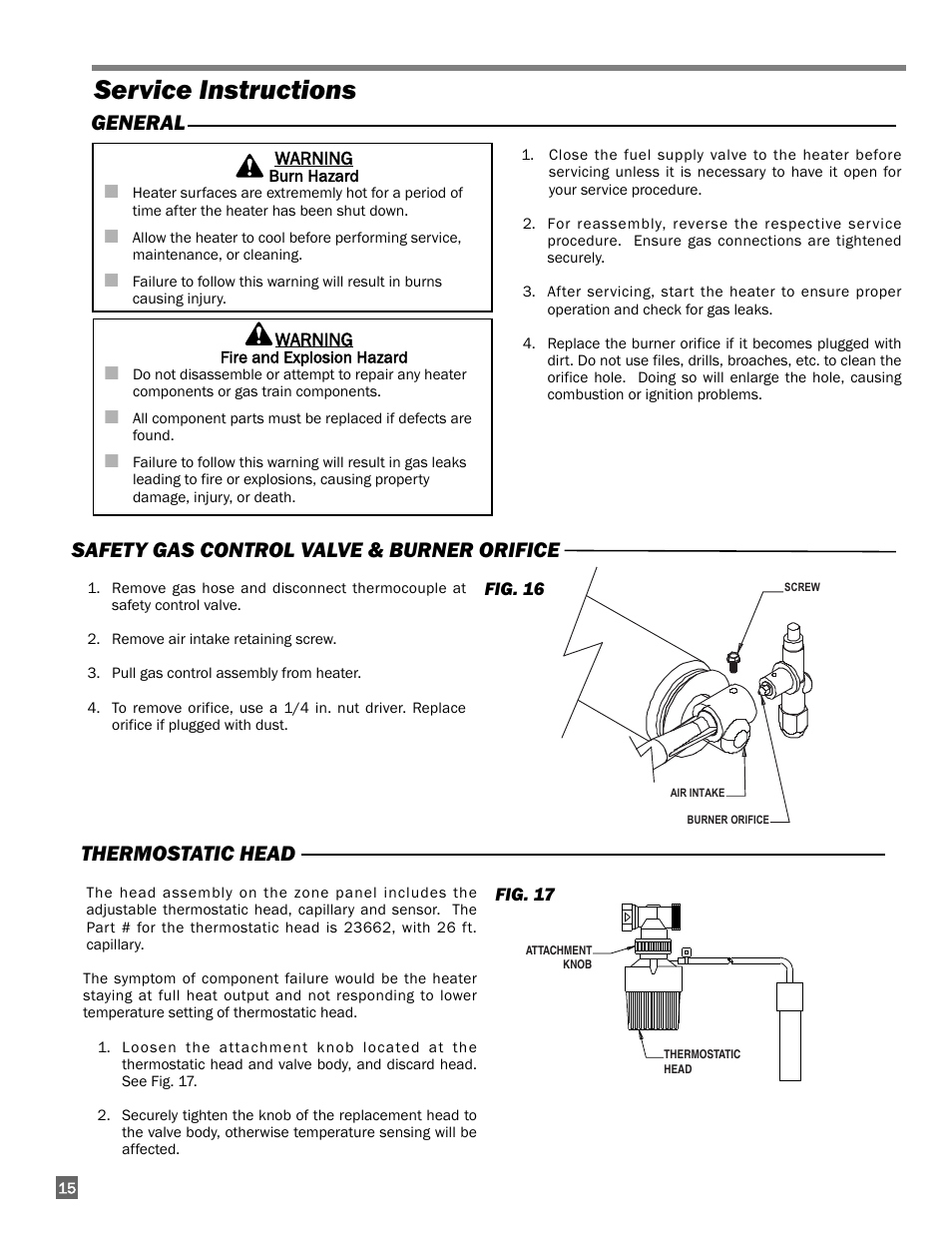 Service instructions, General, Safety gas control valve & burner orifice | Thermostatic head | L.B. White I-3 Infraconic User Manual | Page 16 / 26