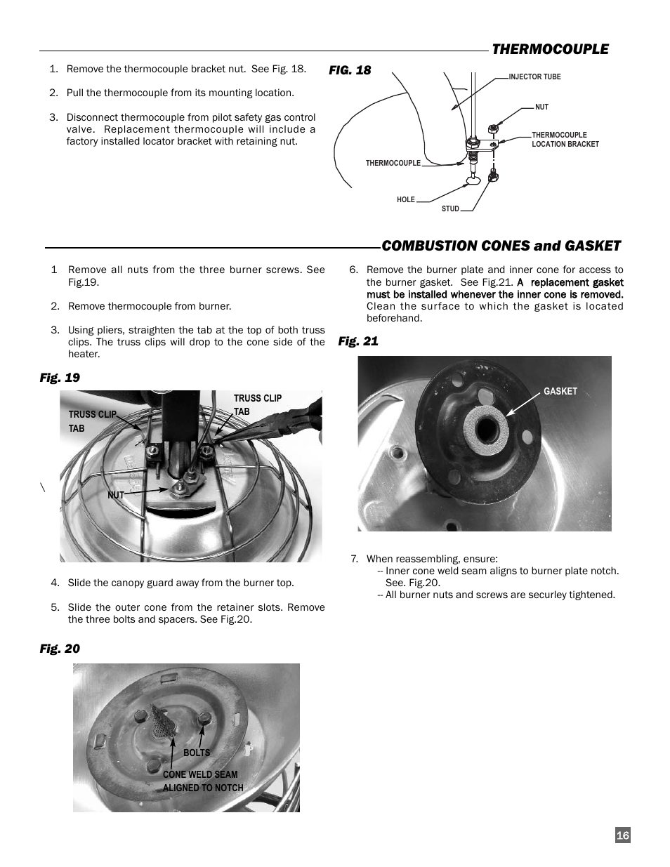 Thermocouple, Combustion cones and gasket | L.B. White I-3 Infraconic User Manual | Page 17 / 26