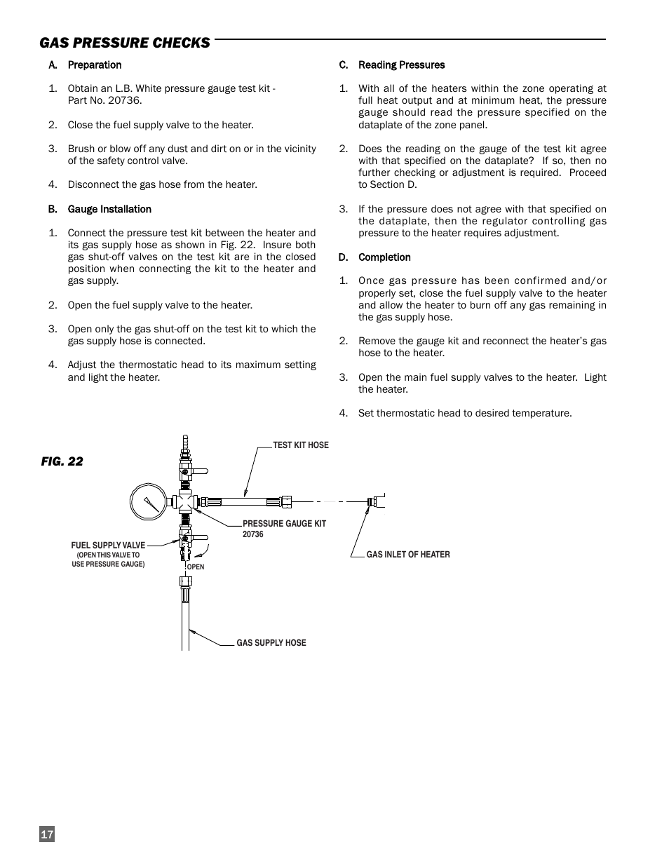 Gas pressure checks | L.B. White I-3 Infraconic User Manual | Page 18 / 26