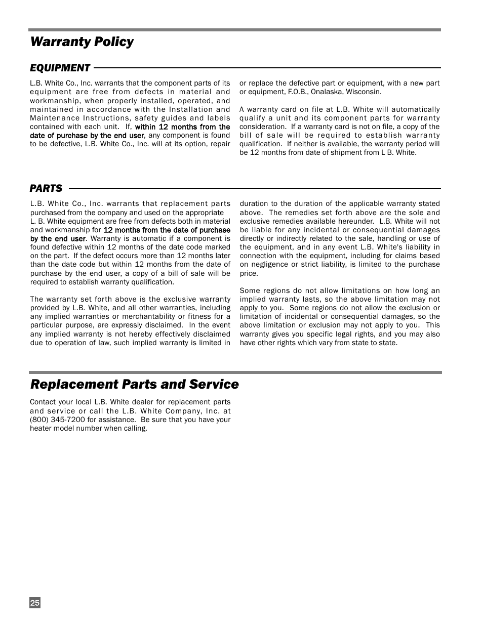 Warranty policy replacement parts and service | L.B. White I-3 Infraconic User Manual | Page 26 / 26