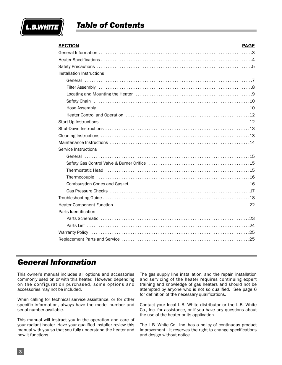 Table of contents general information | L.B. White I-3 Infraconic User Manual | Page 4 / 26