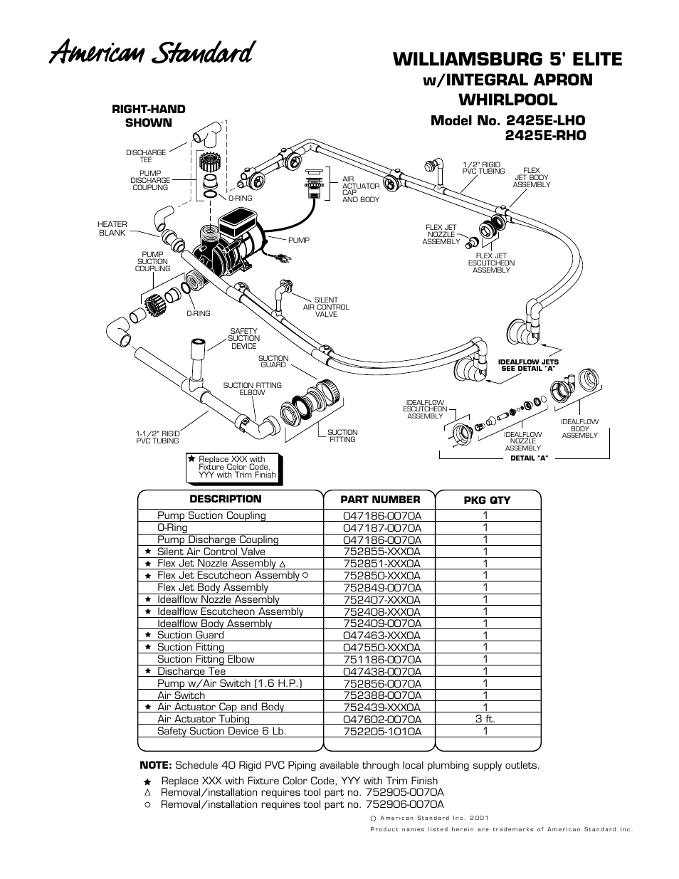 American Standard Williamsburg Elite 5' Integral Apron Whirlpool 2425E-LHO User Manual | 1 page