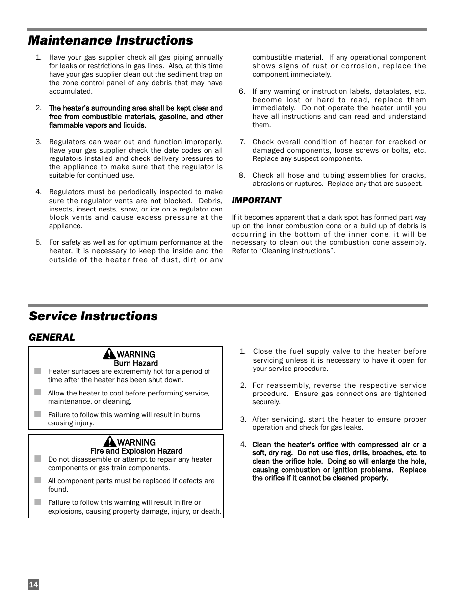 Service instructions, Maintenance instructions, General | L.B. White I-5 Infraconic User Manual | Page 14 / 24