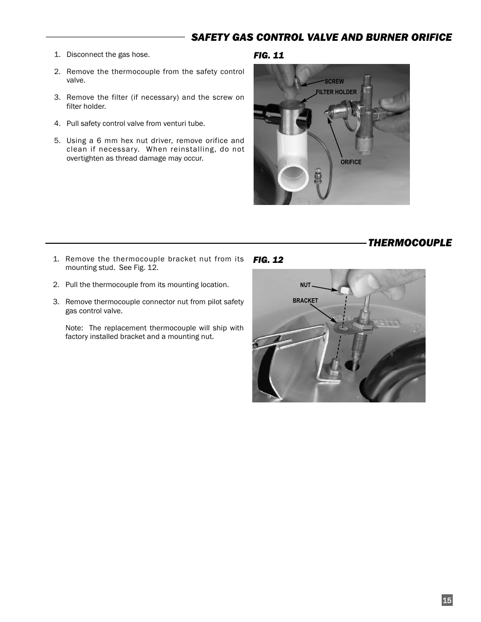 Safety gas control valve and burner orifice, Thermocouple | L.B. White I-5 Infraconic User Manual | Page 15 / 24