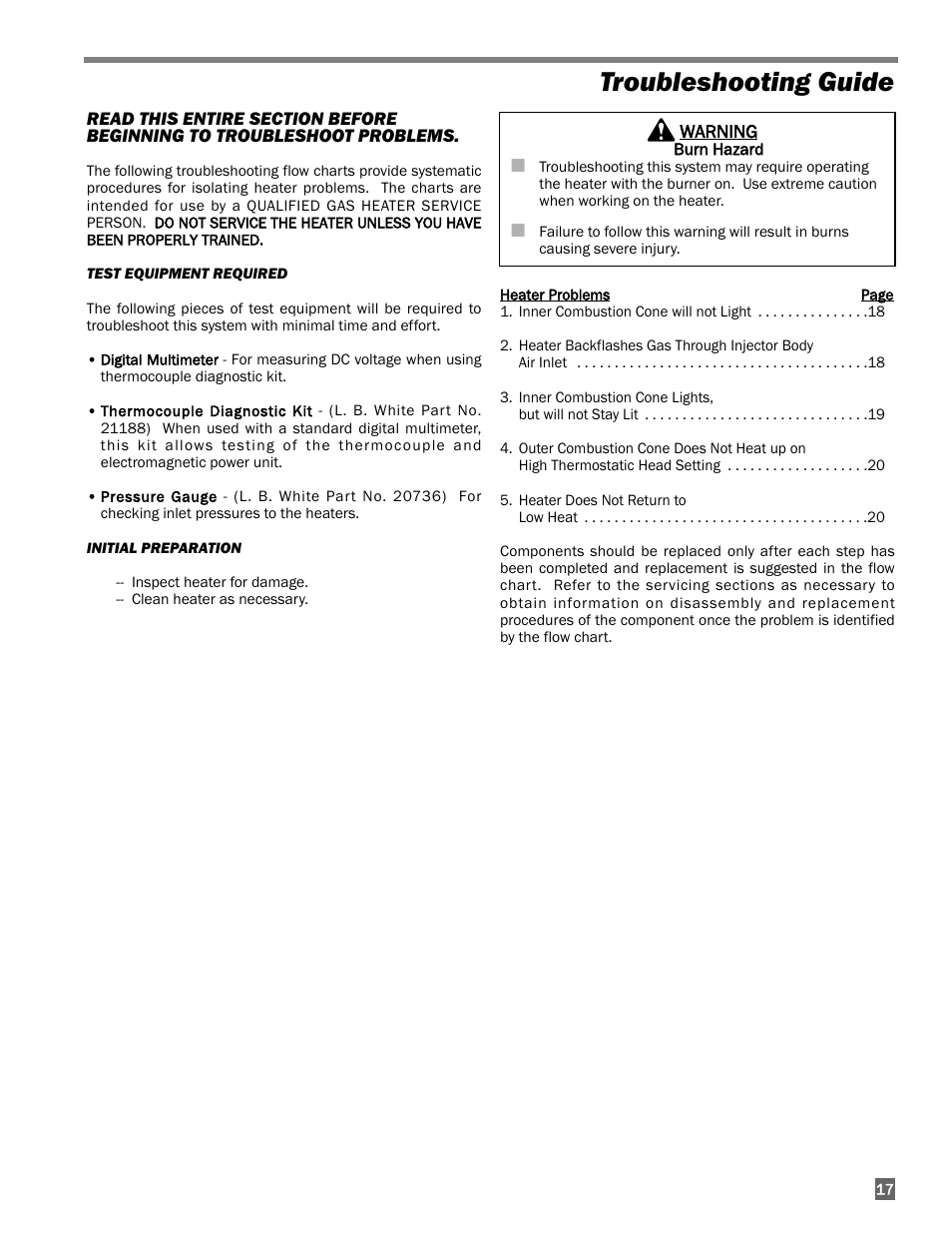 Troubleshooting guide | L.B. White I-5 Infraconic User Manual | Page 17 / 24