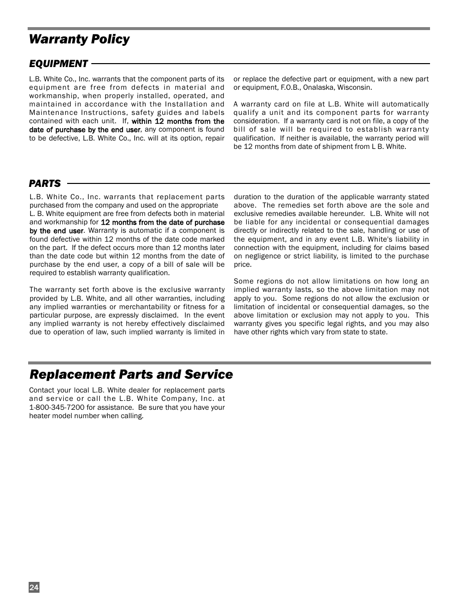 Warranty policy replacement parts and service | L.B. White I-5 Infraconic User Manual | Page 24 / 24