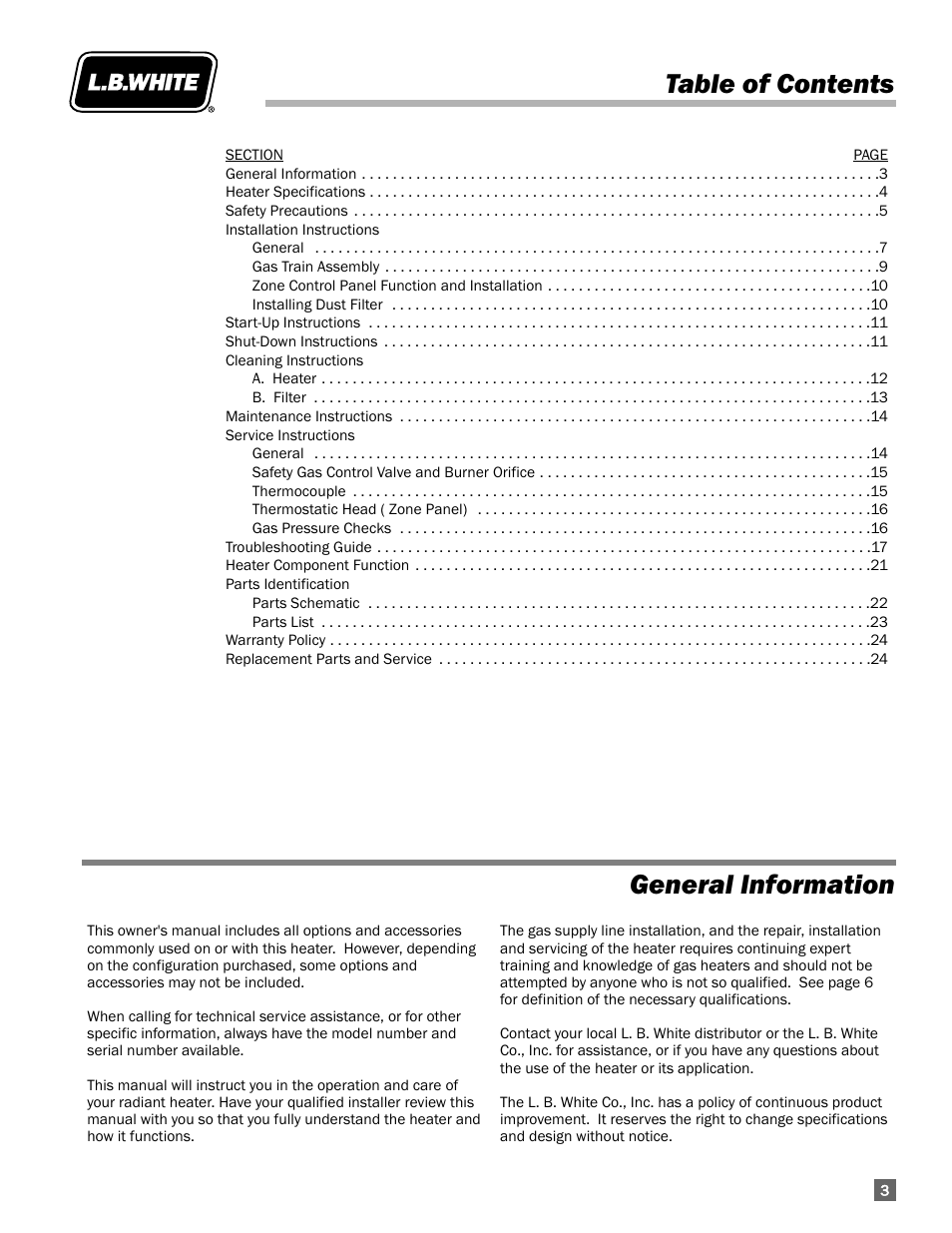 Table of contents general information | L.B. White I-5 Infraconic User Manual | Page 3 / 24