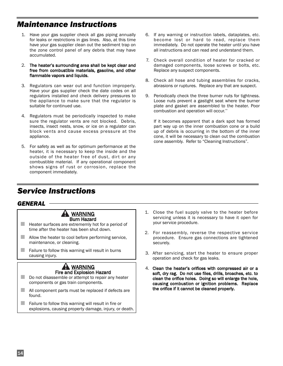 Service instructions, Maintenance instructions, General | L.B. White I-17 Infraconic User Manual | Page 14 / 28