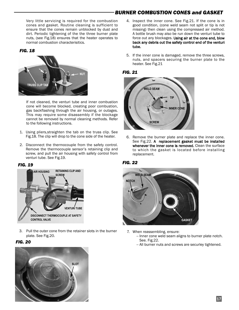 Burner combustion cones and gasket, Fig. 18, Fig. 19 | Fig. 20, Fig. 21, Fig. 22 | L.B. White I-17 Infraconic User Manual | Page 17 / 28