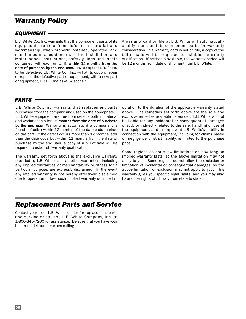 Warranty policy replacement parts and service | L.B. White I-17 Infraconic User Manual | Page 28 / 28