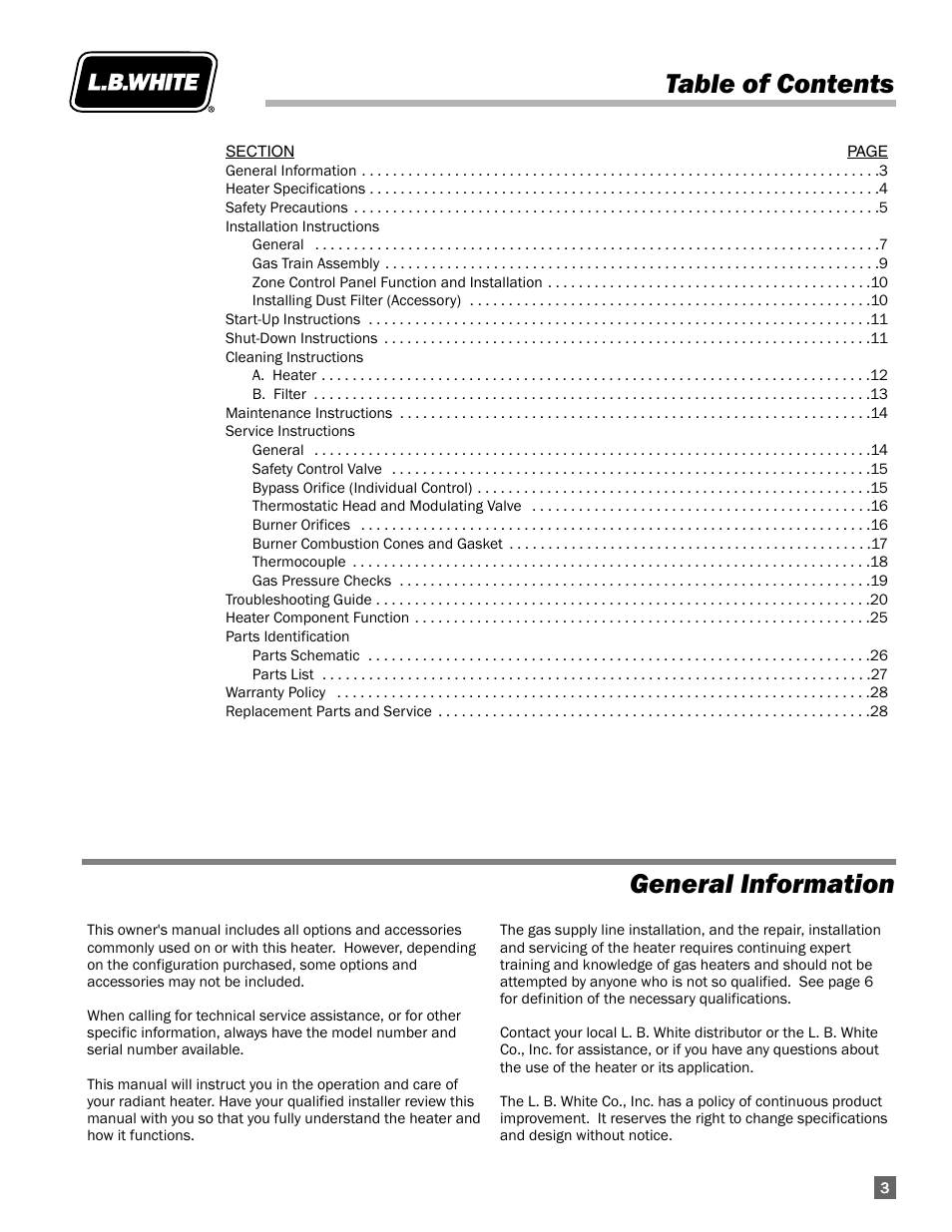 Table of contents general information | L.B. White I-17 Infraconic User Manual | Page 3 / 28