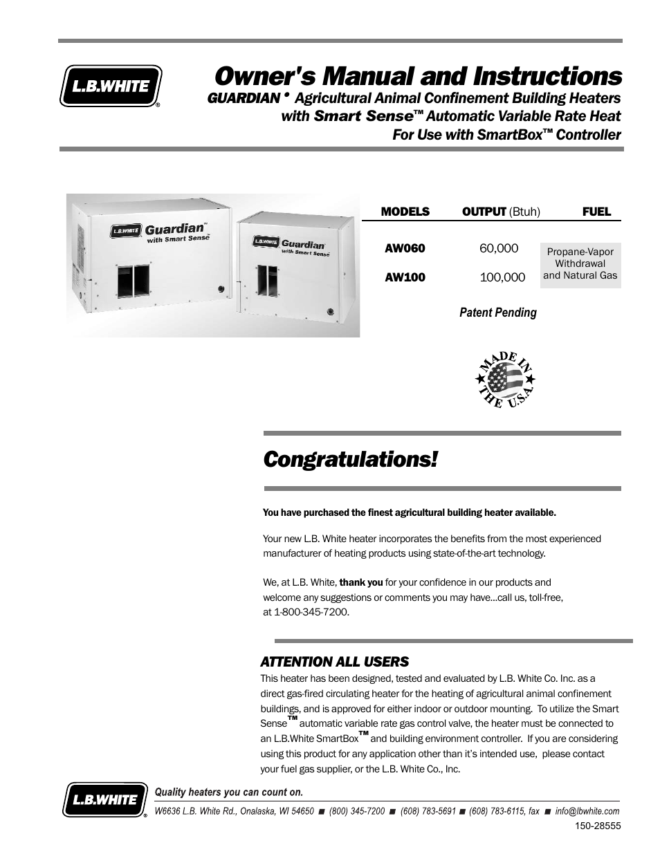 L.B. White Guardian with Smart Sense - Hot Surface (60K / 100K) User Manual | 31 pages