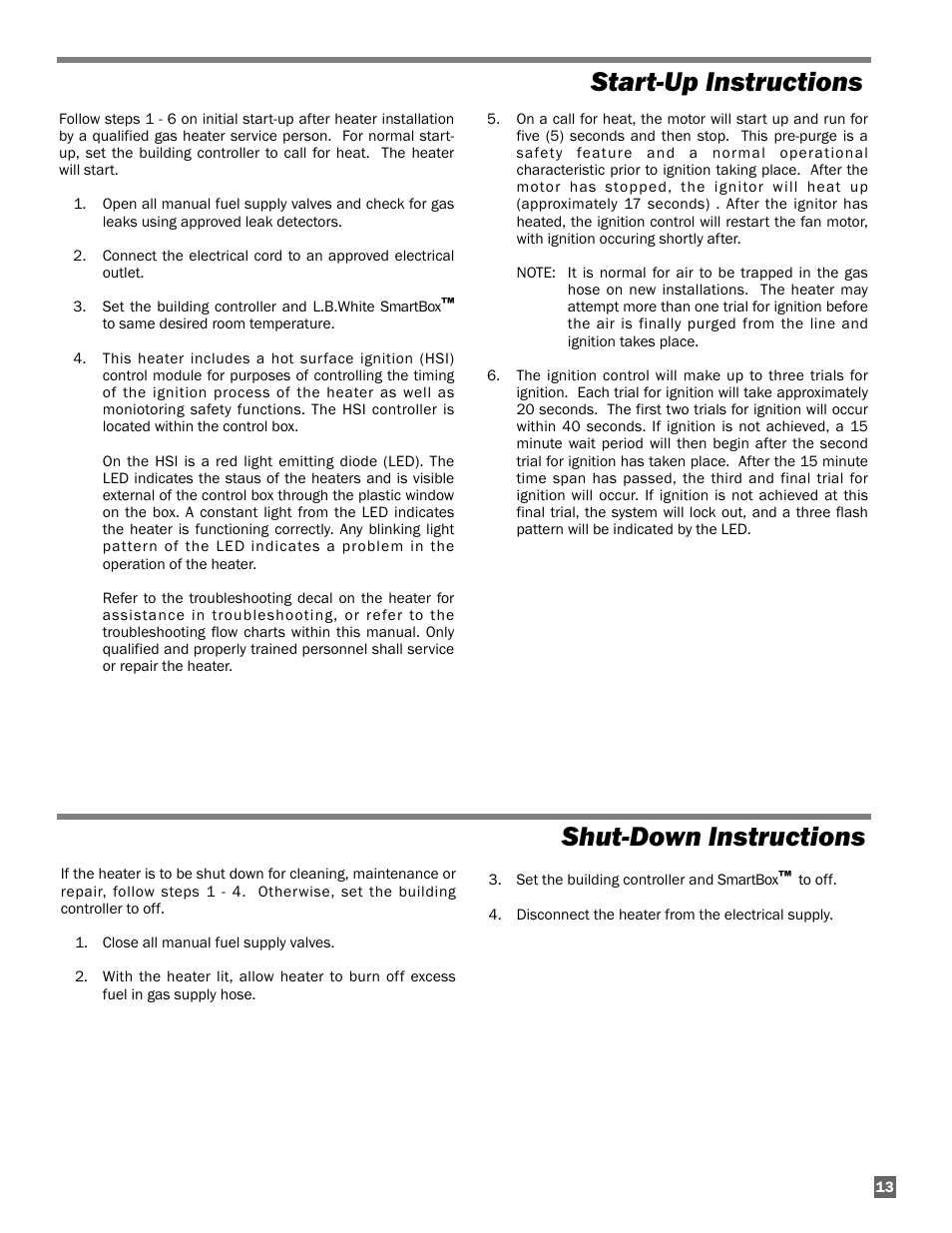 Start-up instructions shut-down instructions | L.B. White Guardian with Smart Sense - Hot Surface (60K / 100K) User Manual | Page 13 / 31