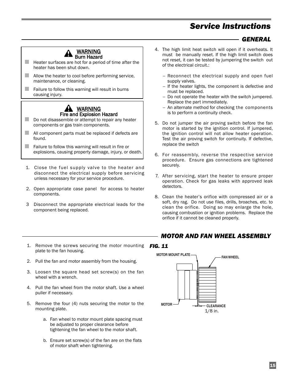 Service instructions, Motor and fan wheel assembly, General | L.B. White Guardian with Smart Sense - Hot Surface (60K / 100K) User Manual | Page 15 / 31