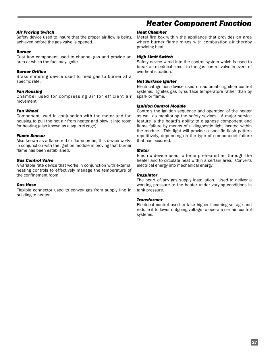 Heater component function | L.B. White Guardian with Smart Sense - Hot Surface (60K / 100K) User Manual | Page 27 / 31